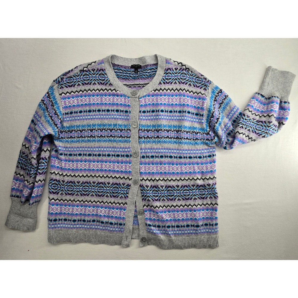 Talbots 1X Fair Isle Cardigan Purple Turquoise Gray Preppy Cozy Cabin Core
